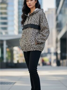 No Boundaries Leopard Print Hooded quarter zip rain Jacket - Black/Beige